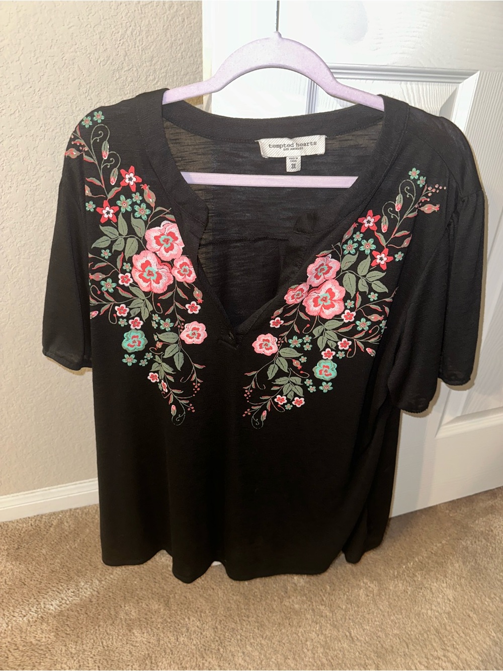 Tempted Hearts Black Short-Sleeve V-Neck Top with Pink Floral Embroidery